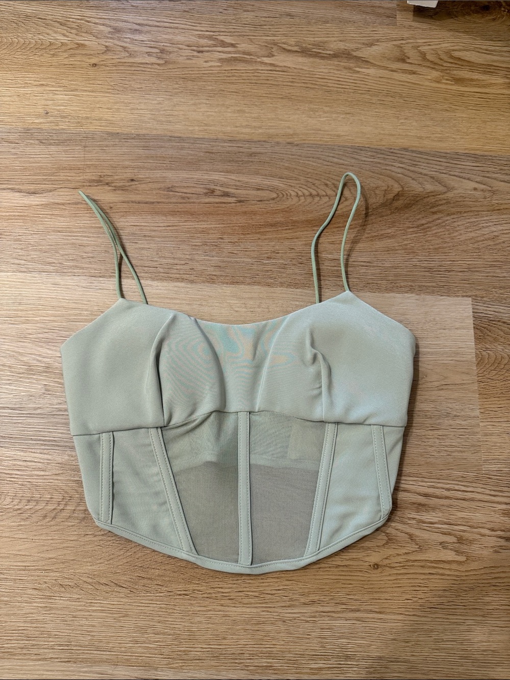 Sleeveless Light Sage Bustier Crop Top with Mesh Panels